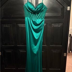 Emerald Green Satin Evening Gown with Cowl Neck